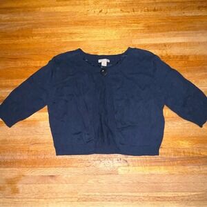 Kim Rogers Women Medium Navy Single Button Cropped Short Sleeve Knit Cardigan
